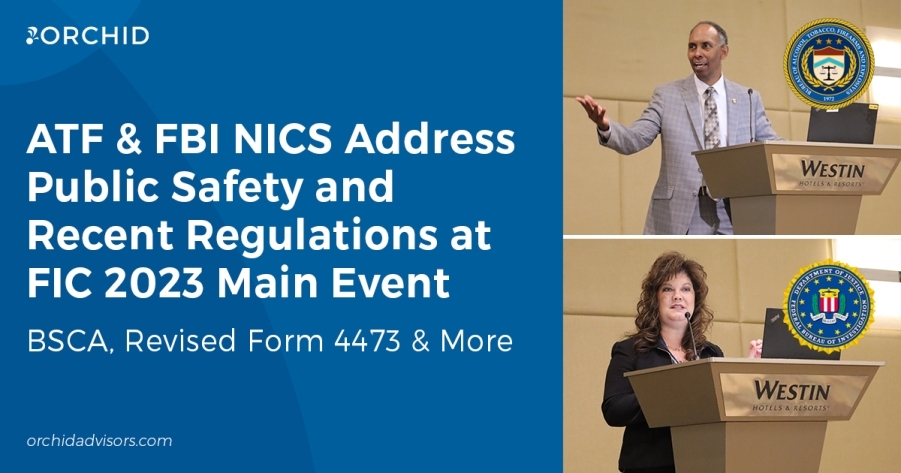 White text atop blue background next to photos of ATF Deputy Director Marvin Richardson and FBI NICS Business & Liaison Unit Chief Jill Montgomery presenting at the 2023 Firearms Industry Conference